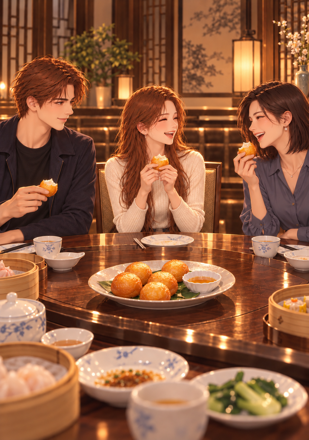 揚げ饅頭を囲んで笑い合う3人